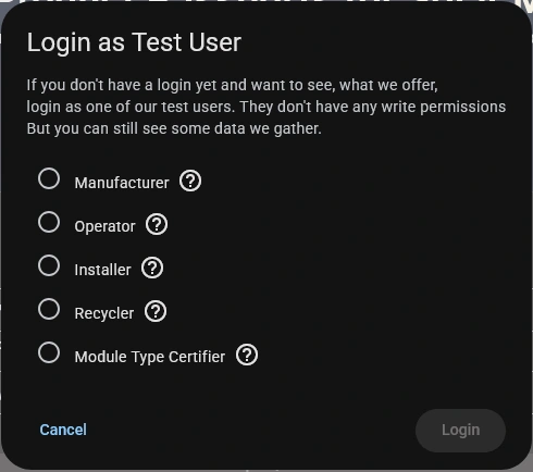 Login as Test User dialog with Manufacturer, Operator, Installer, Recycler and Module Type Certifier options.